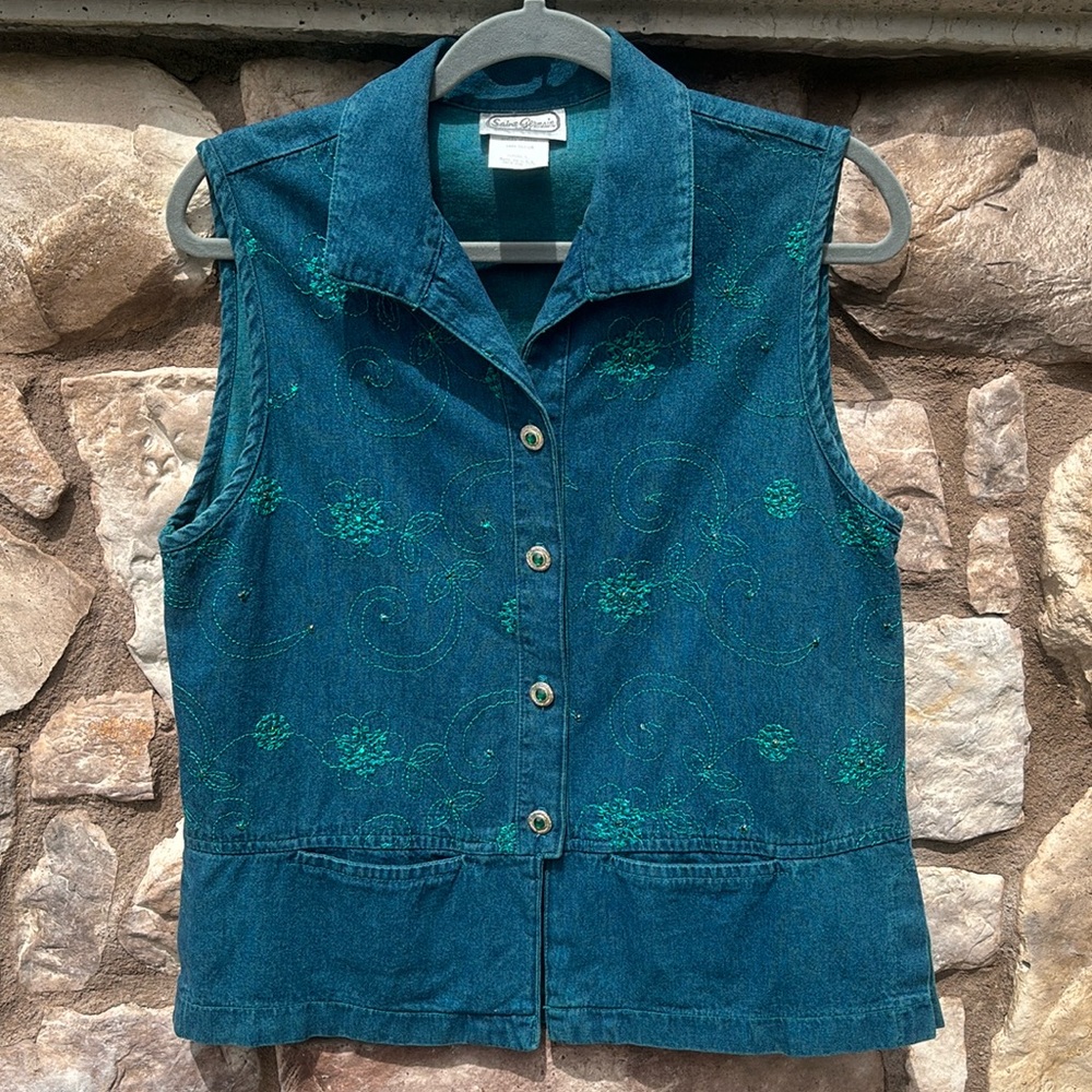 Saint Germain Paris Denim Button Down Top Vest Rhinestone Embroidery Green Small